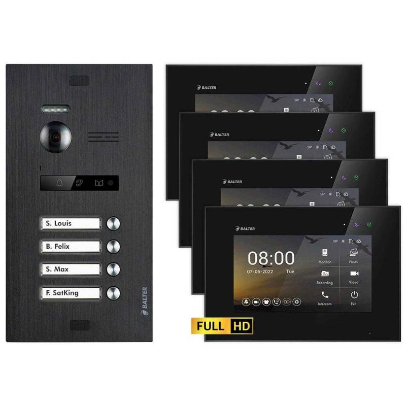 BALTER EVO HD Video Türsprechanlagen Schwarz/Schwarz 4 Familienhaus Set 4x 7 Monitor von Balter