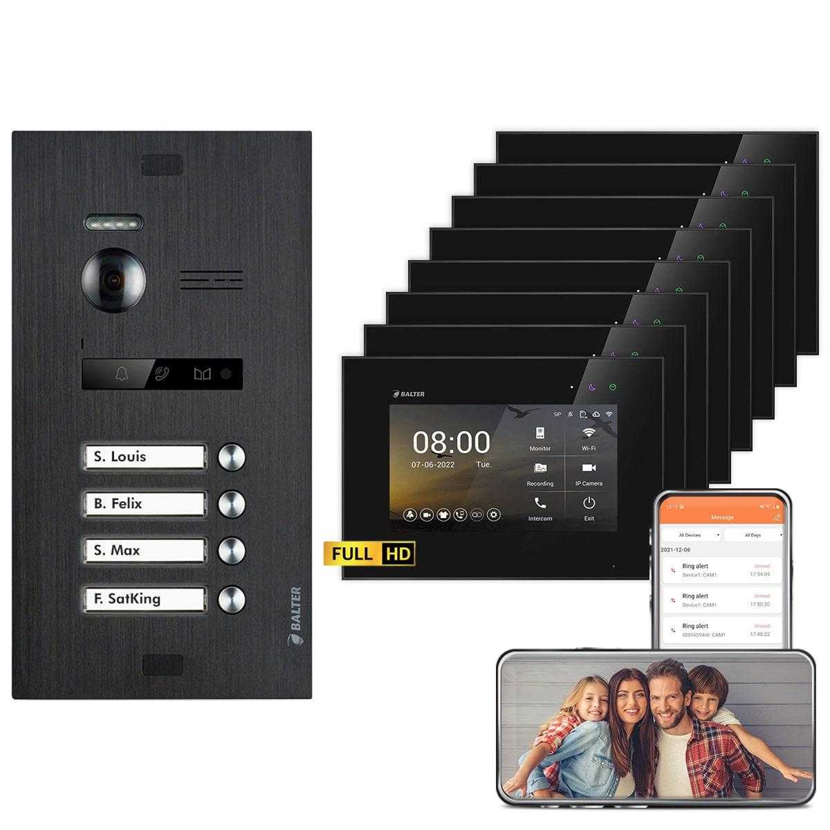 BALTER EVO HD Video Türsprechanlagen Schwarz/Schwarz 4 Familienhaus Set 8x 7 LCD Monitor WiFi von Balter