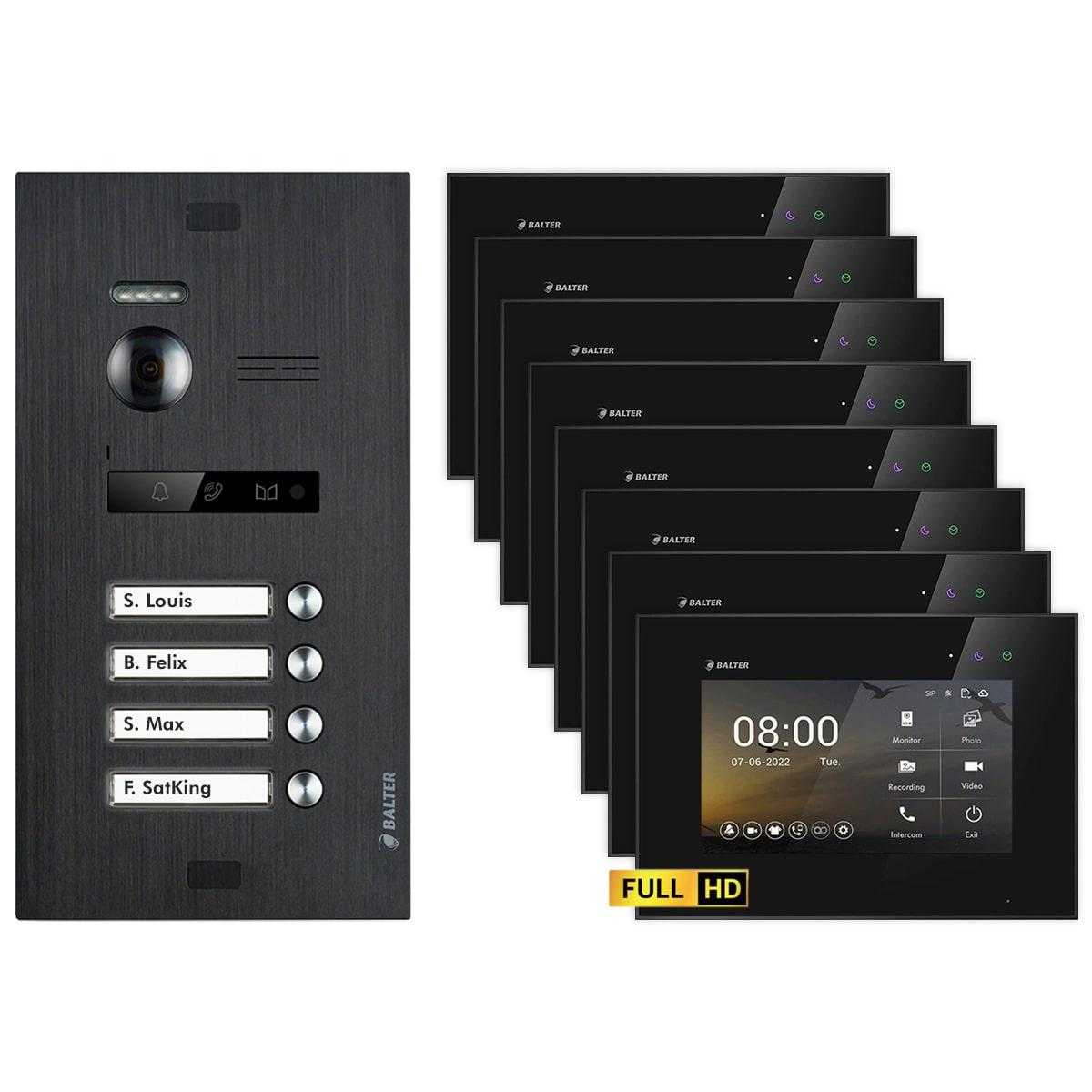 BALTER EVO HD Video Türsprechanlagen Schwarz/Schwarz 4 Familienhaus Set 8x 7 LCD Monitor von Balter