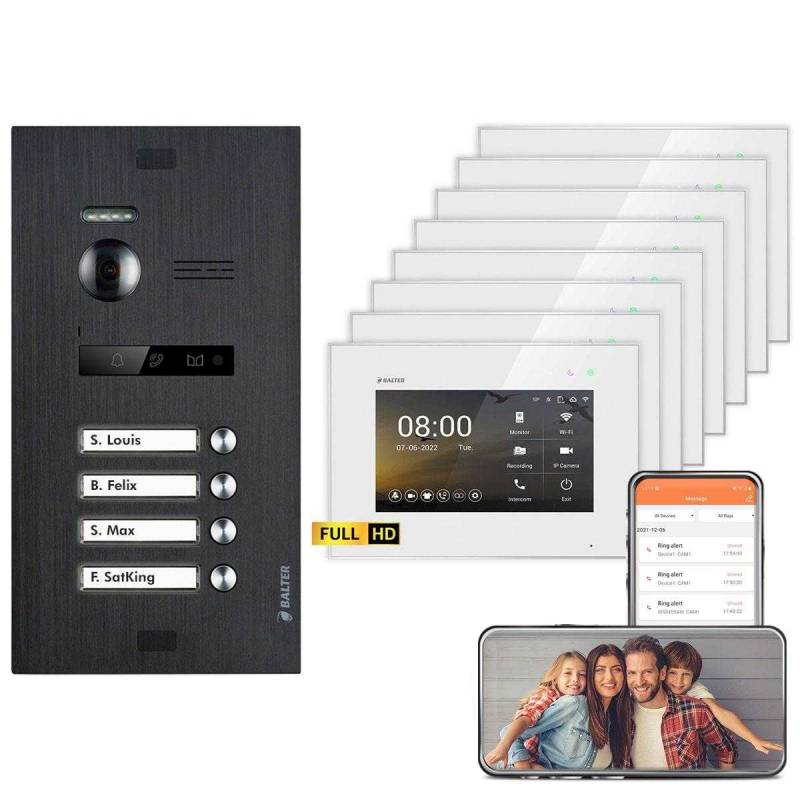BALTER EVO HD Video Türsprechanlagen Schwarz/Weiß 4 Familienhaus Set 4x 7 Monitor WiFi + 4x 7 Monitor von Balter