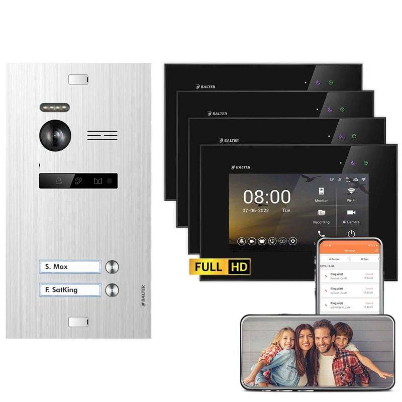 BALTER EVO HD Video Türsprechanlagen Silber/Schwarz 2 Familienhaus Set 4x 7 LCD Monitor WiFi von Balter