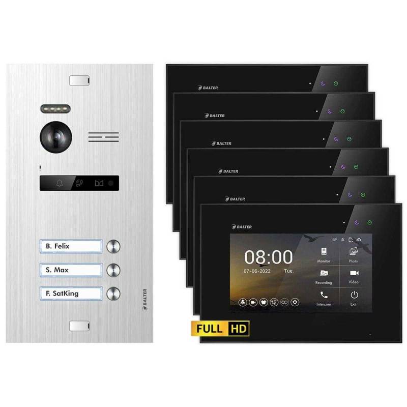 BALTER EVO HD Video Türsprechanlagen Silber/Schwarz 3 Familienhaus Set 6x 7 LCD Monitor von Balter