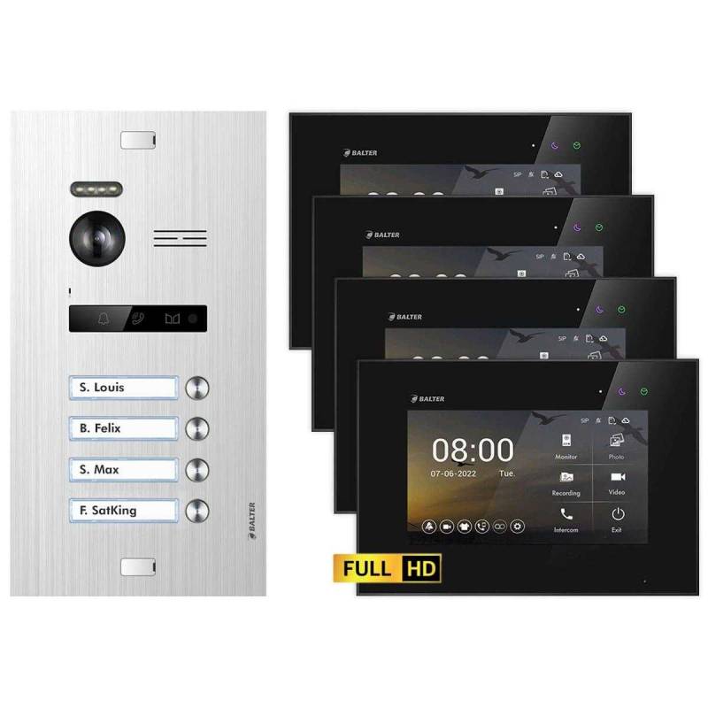 BALTER EVO HD Video Türsprechanlagen Silber/Schwarz 4 Familienhaus Set 4x 7 Monitor von Balter