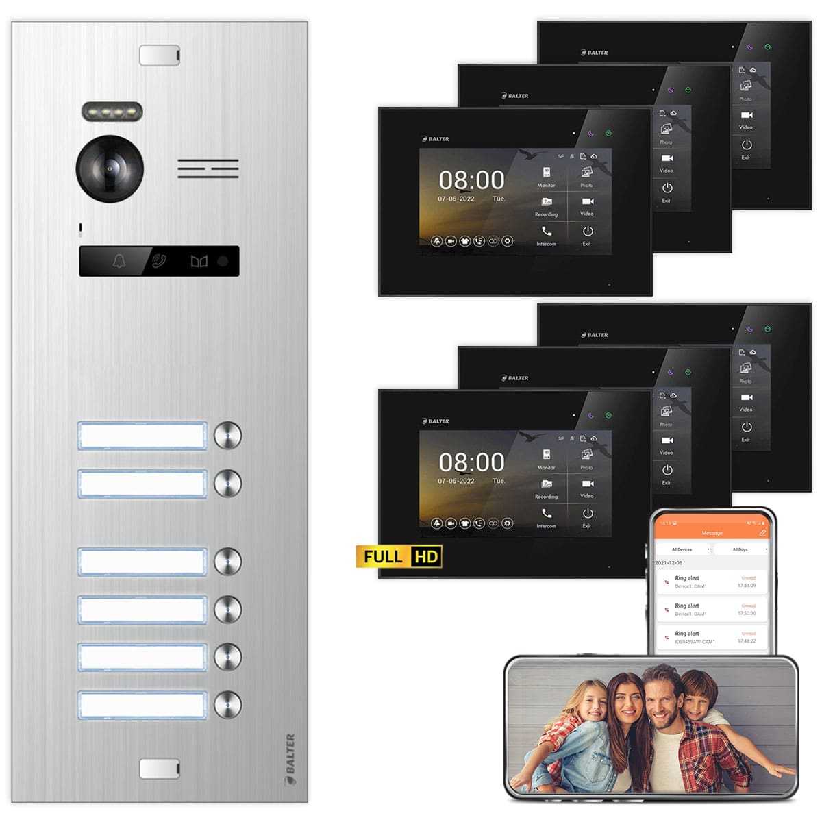 BALTER EVO HD Video Türsprechanlagen Silber/Schwarz 6 Familienhaus Set 6x 7 LCD Monitor WiFi von Balter