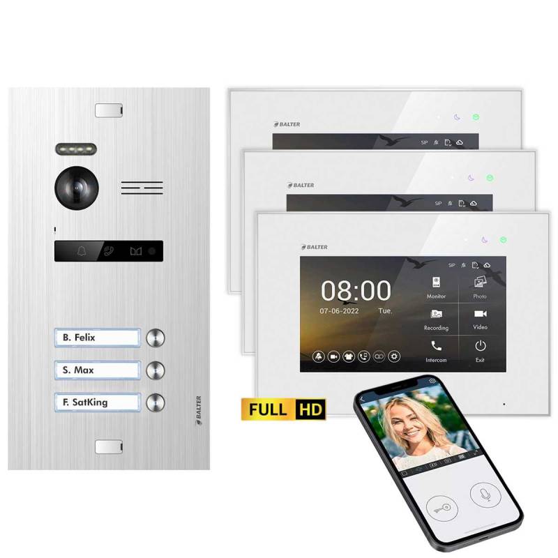 BALTER EVO HD Video Türsprechanlagen Silber/Weiss 3 Familienhaus Set 3x 7 Monitor WiFi von Balter
