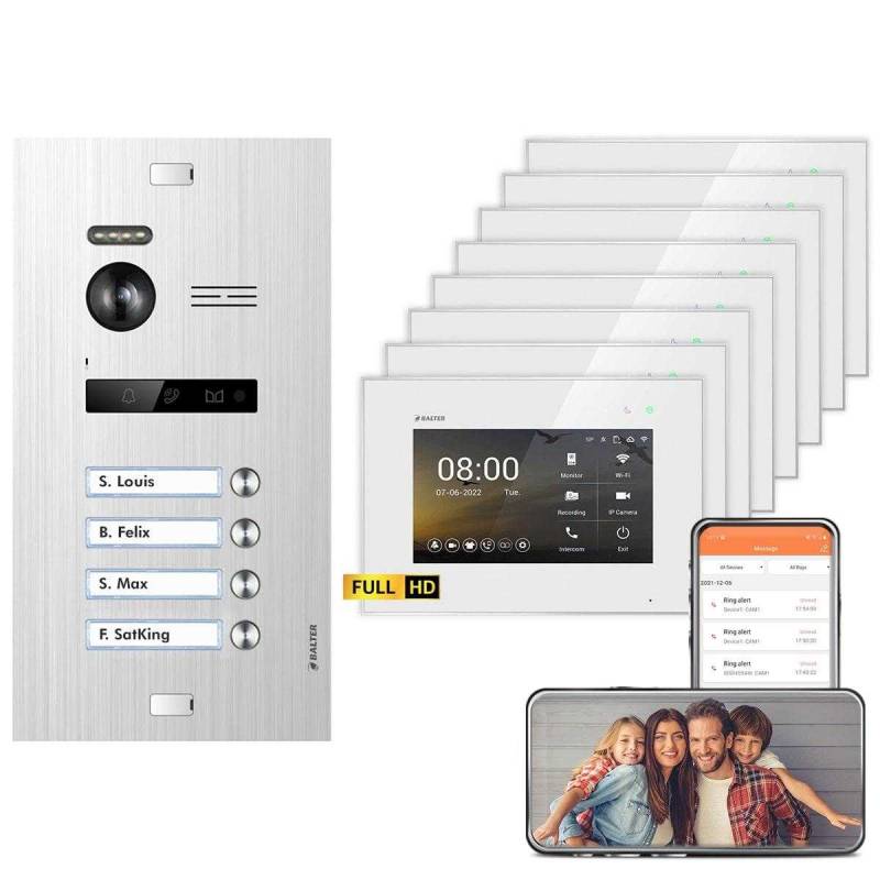 BALTER EVO HD Video Türsprechanlagen Silber/Weiss 4 Familienhaus Set 4x 7 Monitor WiFi + 4x 7 Monitor von Balter