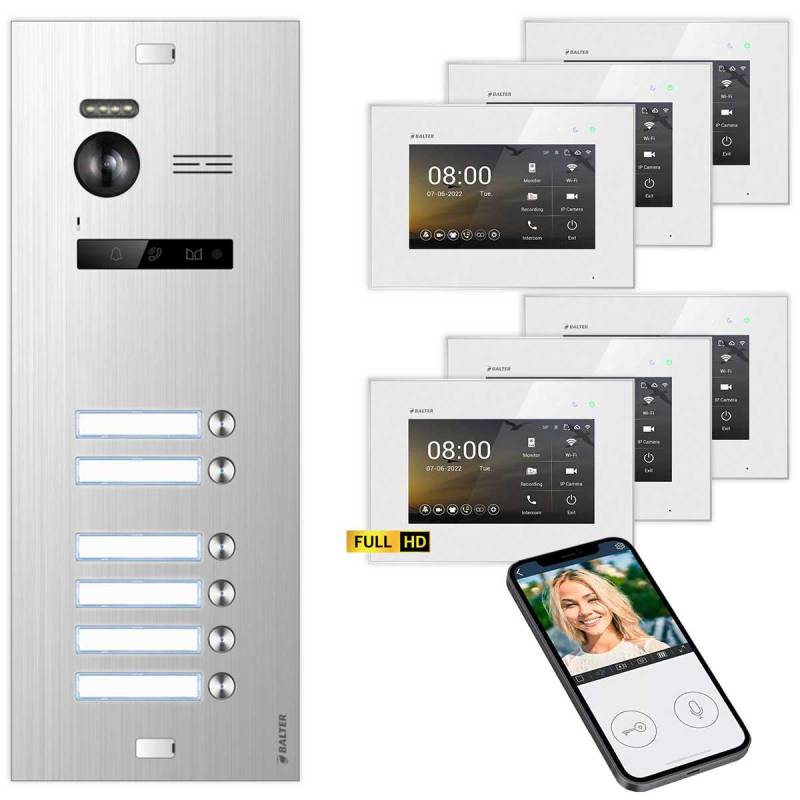 BALTER EVO HD Video Türsprechanlagen Silber/Weiss 6 Familienhaus Set 6x 7 Monitor WiFi von Balter