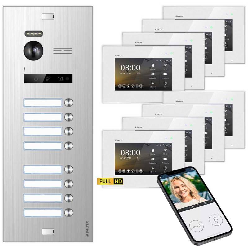 BALTER EVO HD Video Türsprechanlagen Silber/Weiss 8 Familienhaus Set 8x 7 Monitor WiFi von Balter