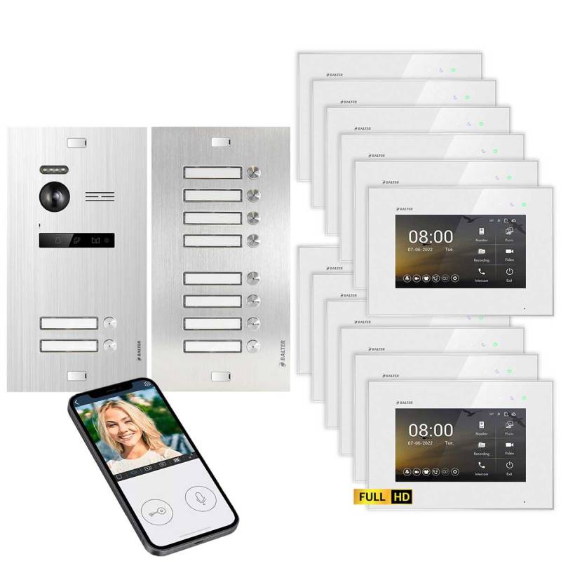 BALTER EVO HD Video Türsprechanlage UP Silber 9x 7 Monitore Weiß für 9 Familienhaus 10x 7 Monitor WiFi von Balter