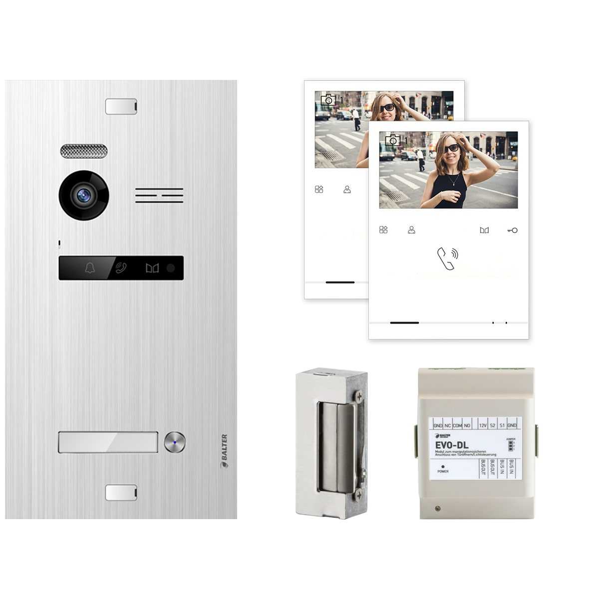 BALTER EVO Quick Video Türsprechanlage Silber/Weiß 1 Familienhaus Set 2x 4.3 LCD Quick Monitor BUS-DL + Türöffner von Balter