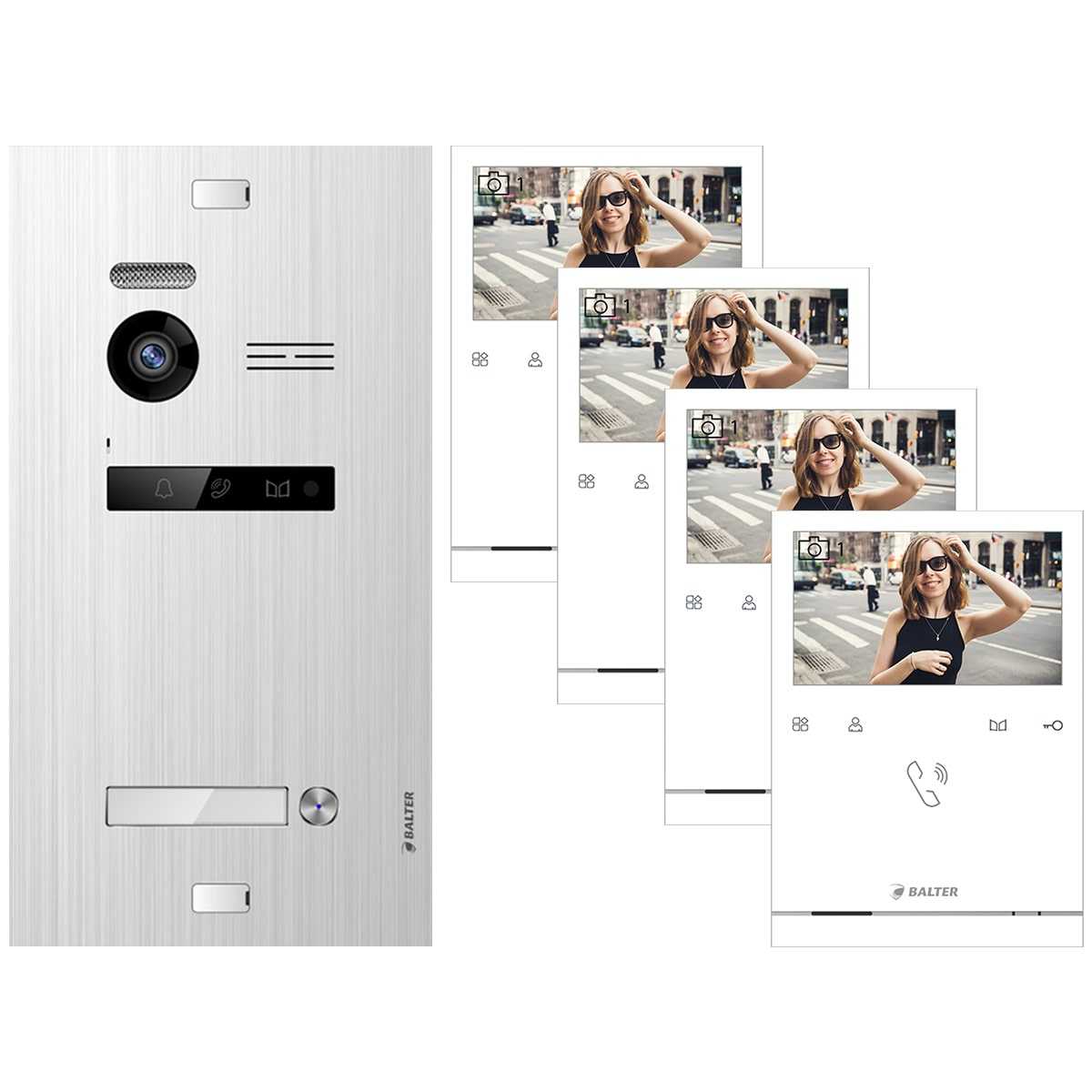 BALTER EVO Quick Video Türsprechanlage Silber/Weiß 1 Familienhaus Set 4x 4.3 LCD Quick Monitor von Balter