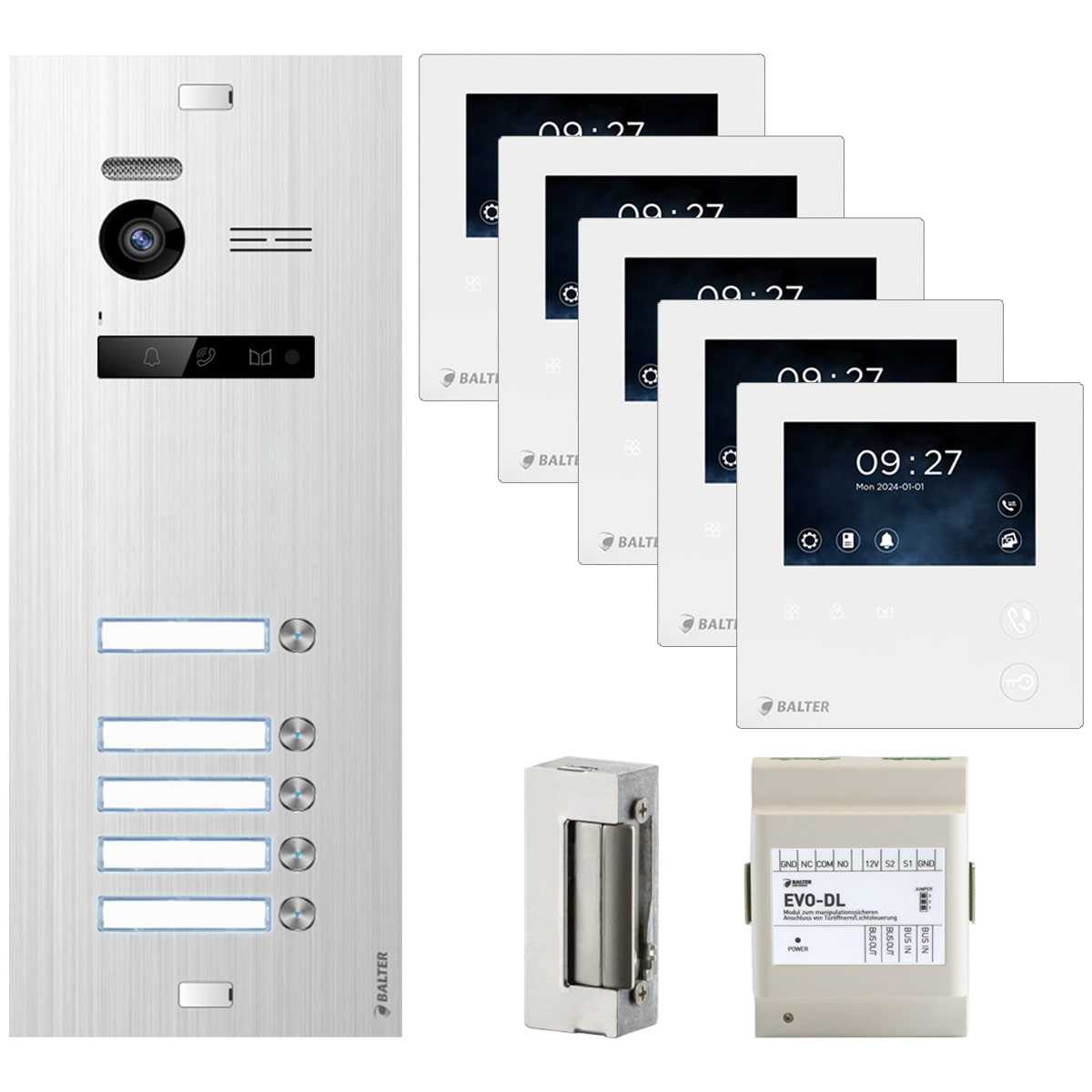 BALTER EVO Video Türsprechanlage 4.3 LCD Mini Monitor Silber/Weiß 5 Familienhaus Set BUS-DL + Türöffner von Balter