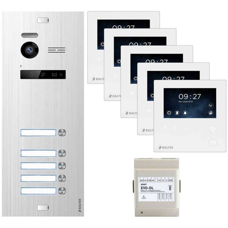 BALTER EVO Video Türsprechanlage 4.3 LCD Mini Monitor Silber/Weiß 5 Familienhaus Set BUS-DL von Balter