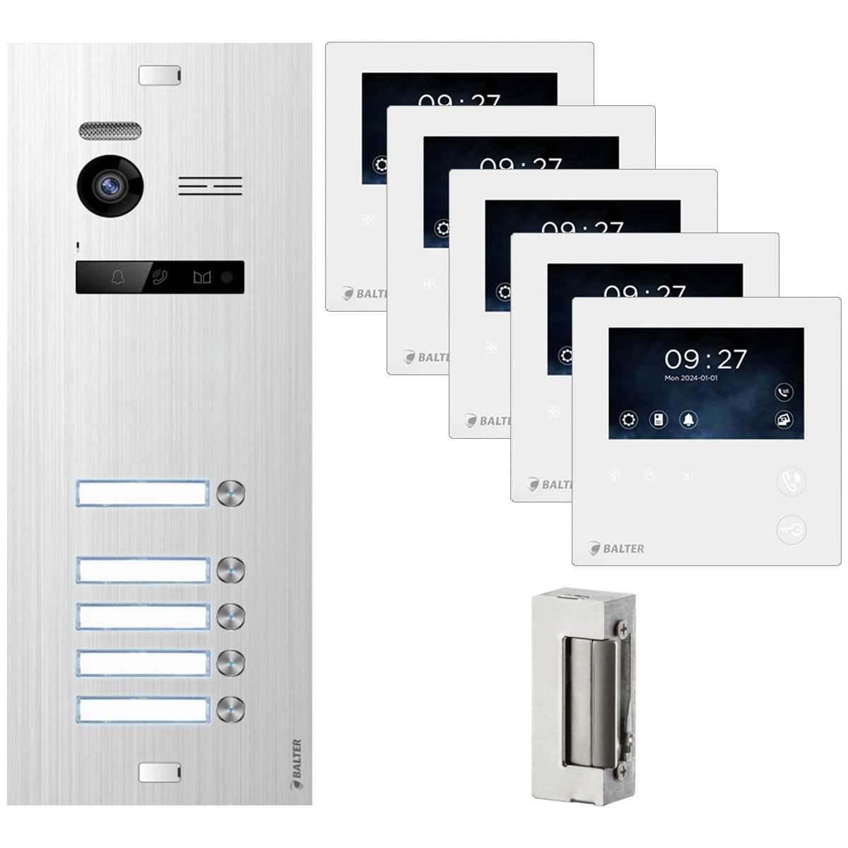 BALTER EVO Video Türsprechanlage 4.3 LCD Mini Monitor Silber/Weiß 5 Familienhaus Set Türöffner von Balter