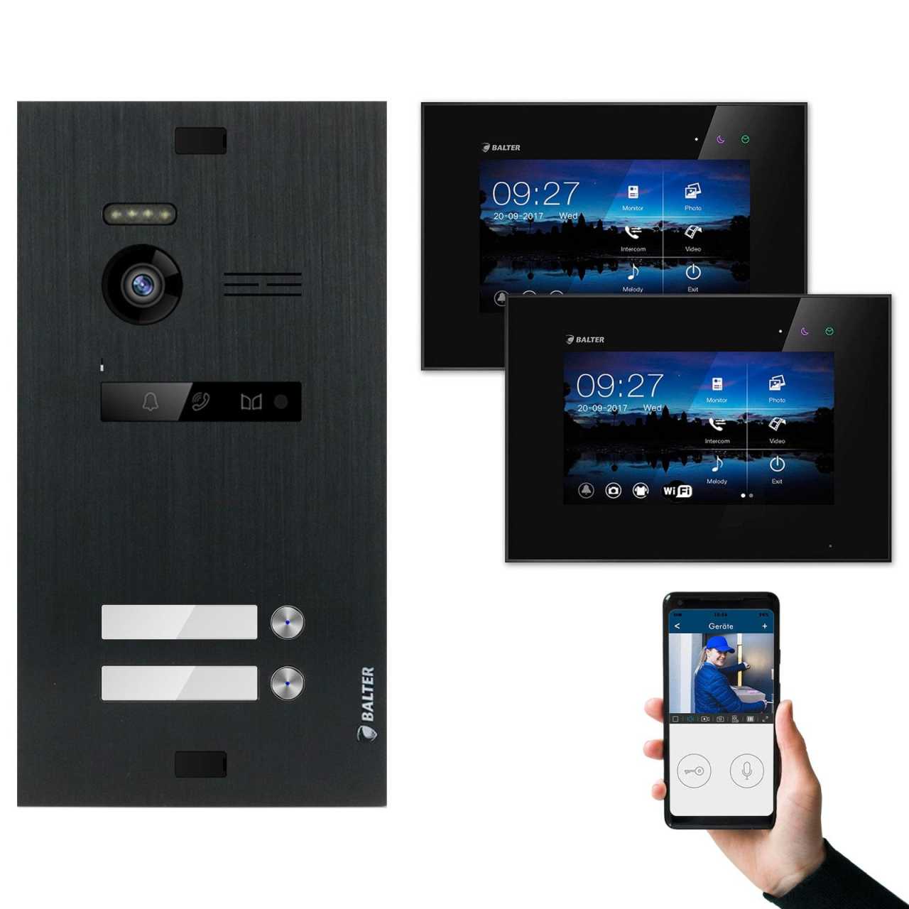 BALTER EVO Video Türsprechanlagen Schwarz Set 2x 7“ LCD Monitor WiFi 2 Familienhaus von Balter