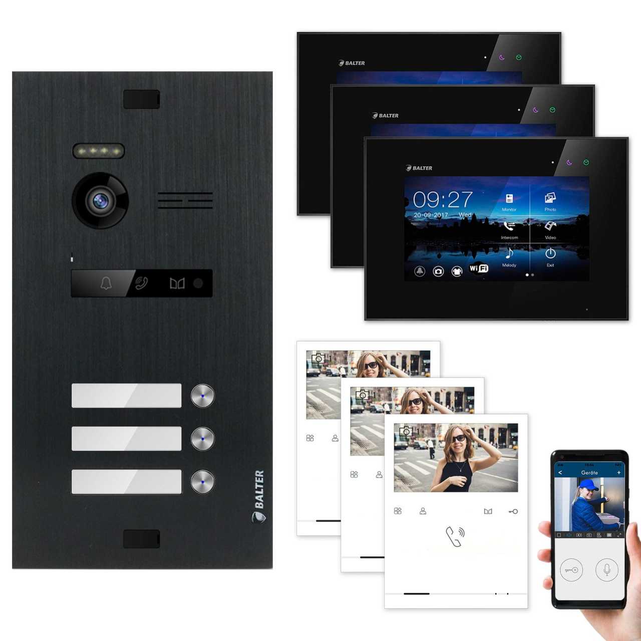 BALTER EVO Video Türsprechanlagen Schwarz Set 3 Familienhaus 3x 4.3 Quick + 3x 7 LCD Monitor WiFi von Balter