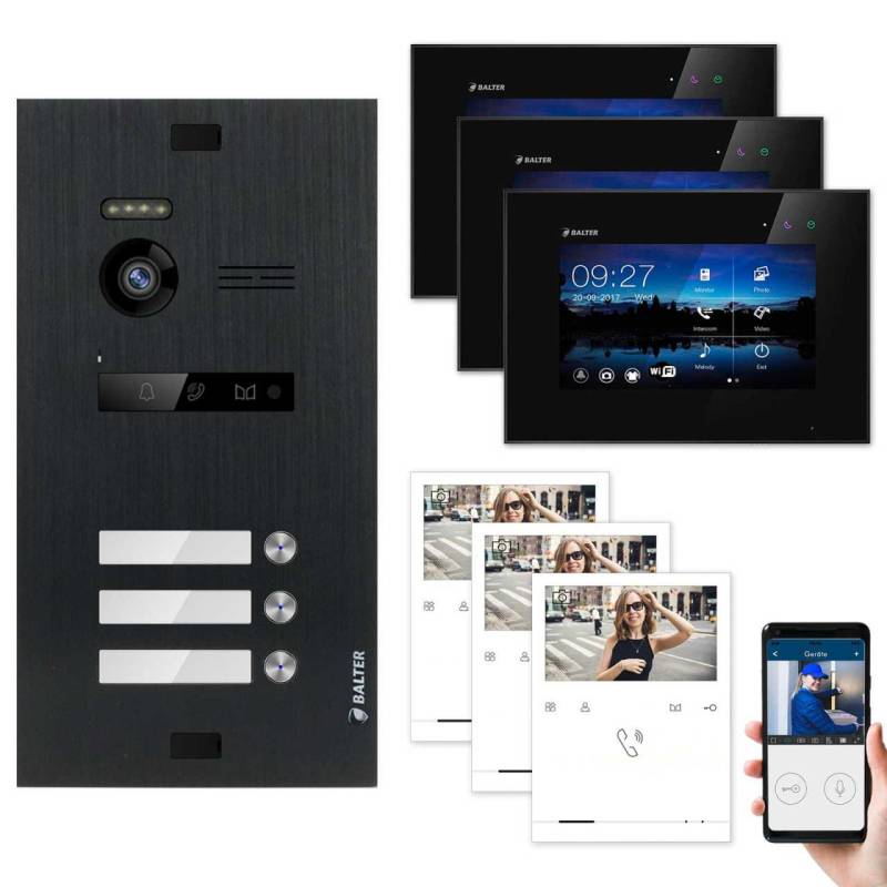 BALTER EVO Video Türsprechanlagen Schwarz Set 3 Familienhaus Schwarz 3x 7 Monitor WiFi + 3x Quick von Balter