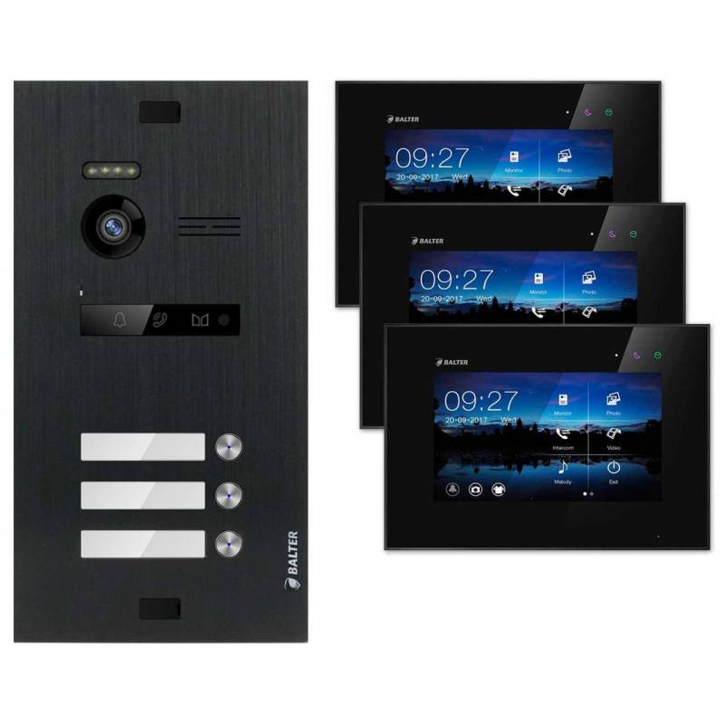 BALTER EVO Video Türsprechanlagen Schwarz Set 3 Familienhaus 3x 7“ LCD Monitor von Balter
