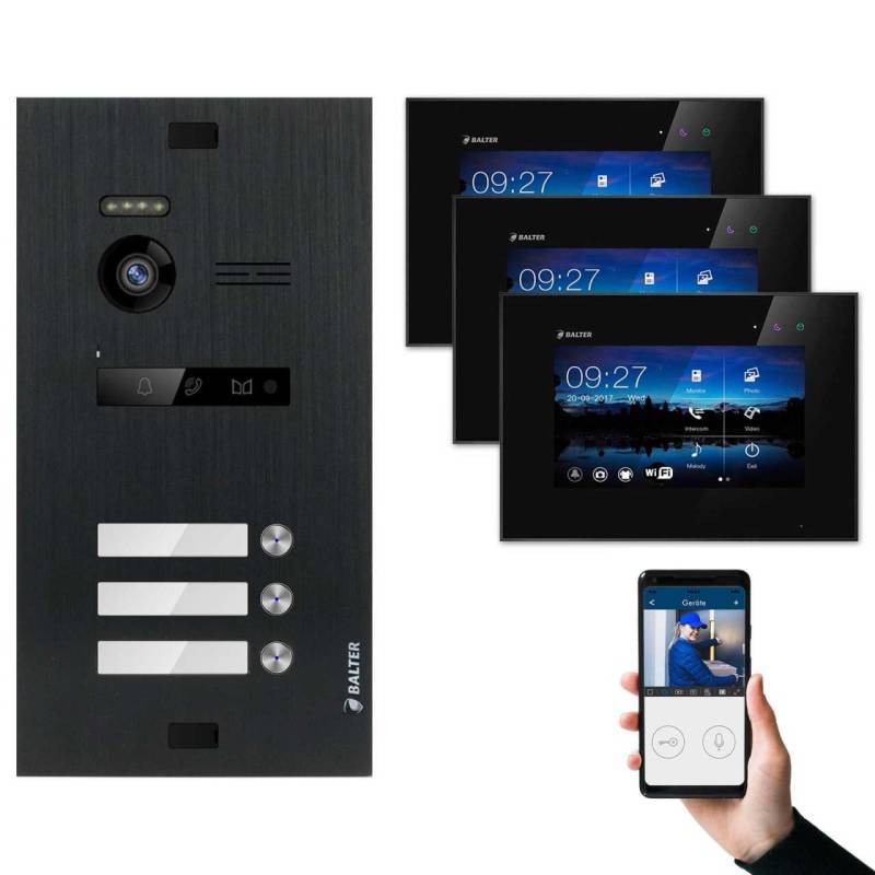 BALTER EVO Video Türsprechanlagen Schwarz Set 3 Familienhaus 3x 7“ LCD Monitor WiFi von Balter