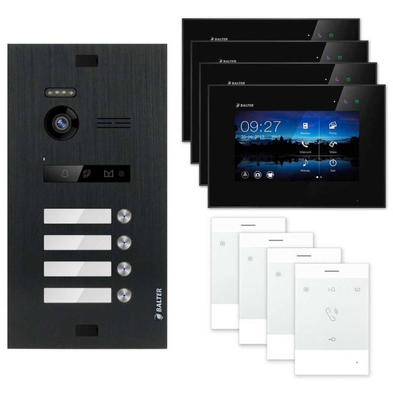 BALTER EVO Video Türsprechanlagen Schwarz Set 4 Familienhaus Schwarz 4x 7 Monitor + 4x Talk von Balter