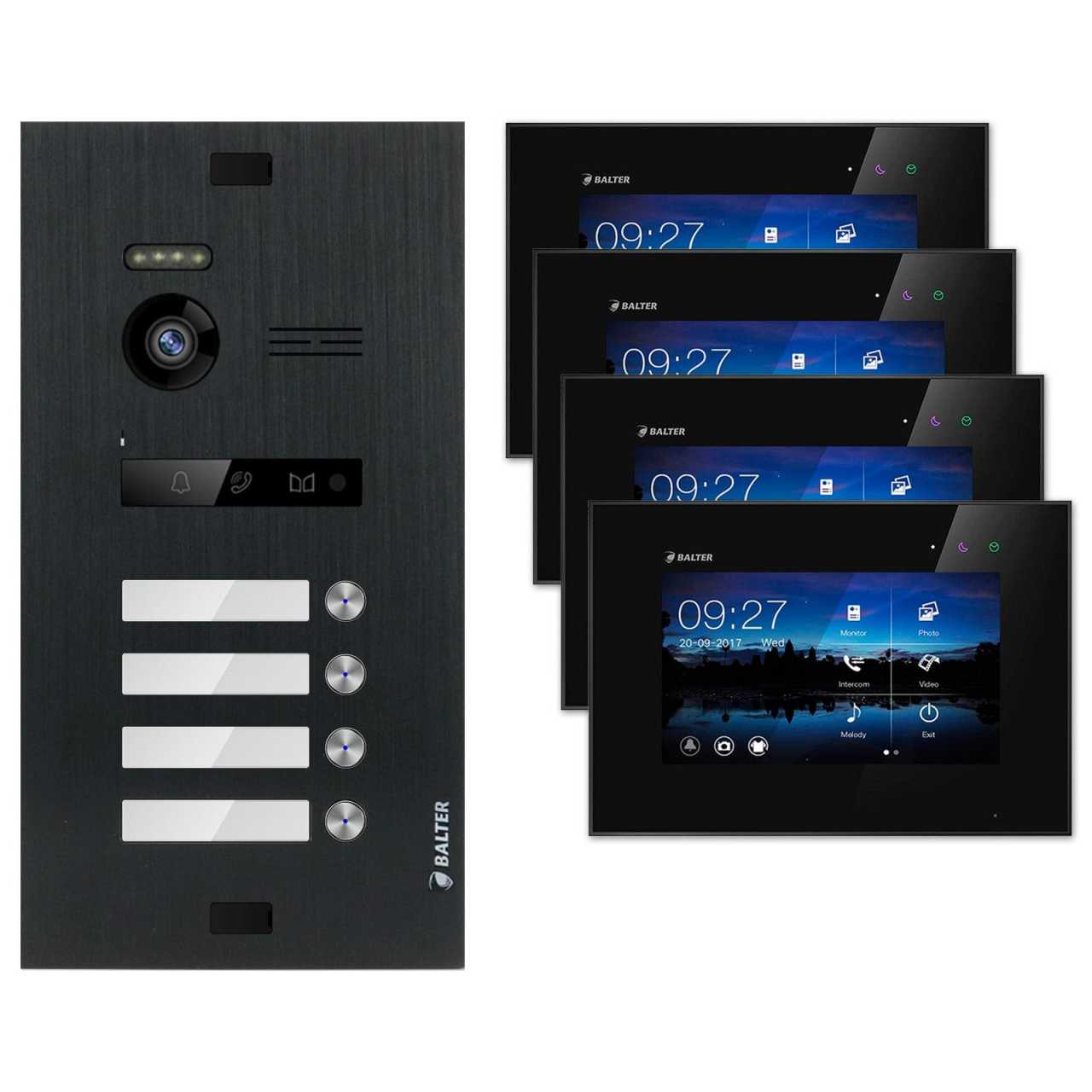 BALTER EVO Video Türsprechanlagen Schwarz Set 4 Familienhaus 4x 7“ LCD Monitor von Balter