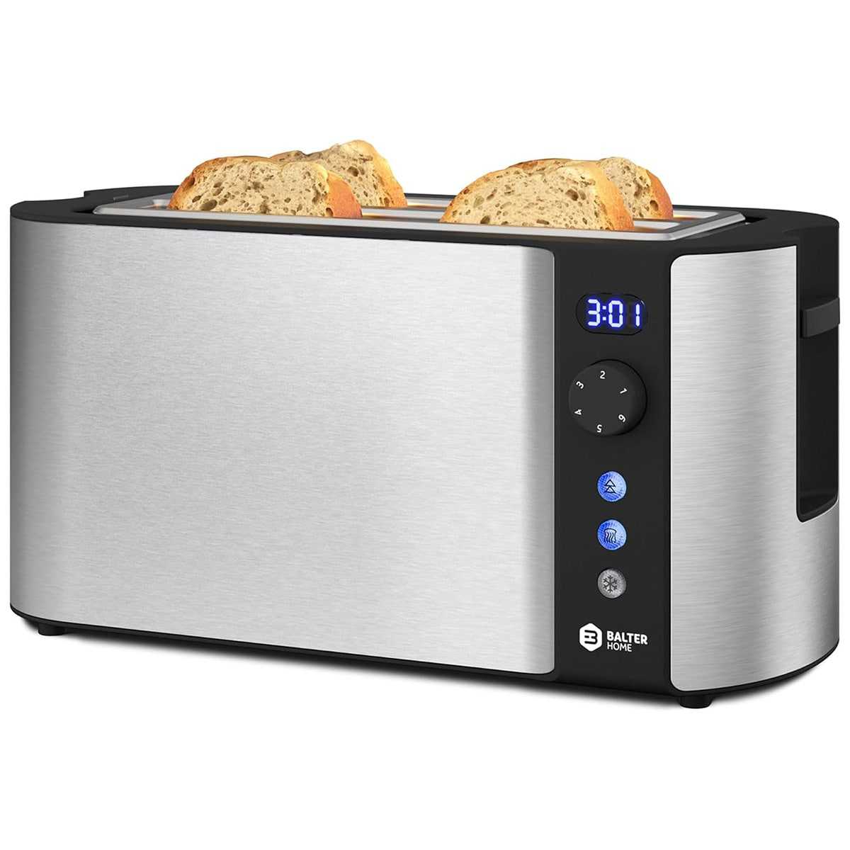 BALTER TS-04-LCD 2 Langschlitz Toaster Silber (4 Scheiben LCD-Display Reheat Defrost) von Balter