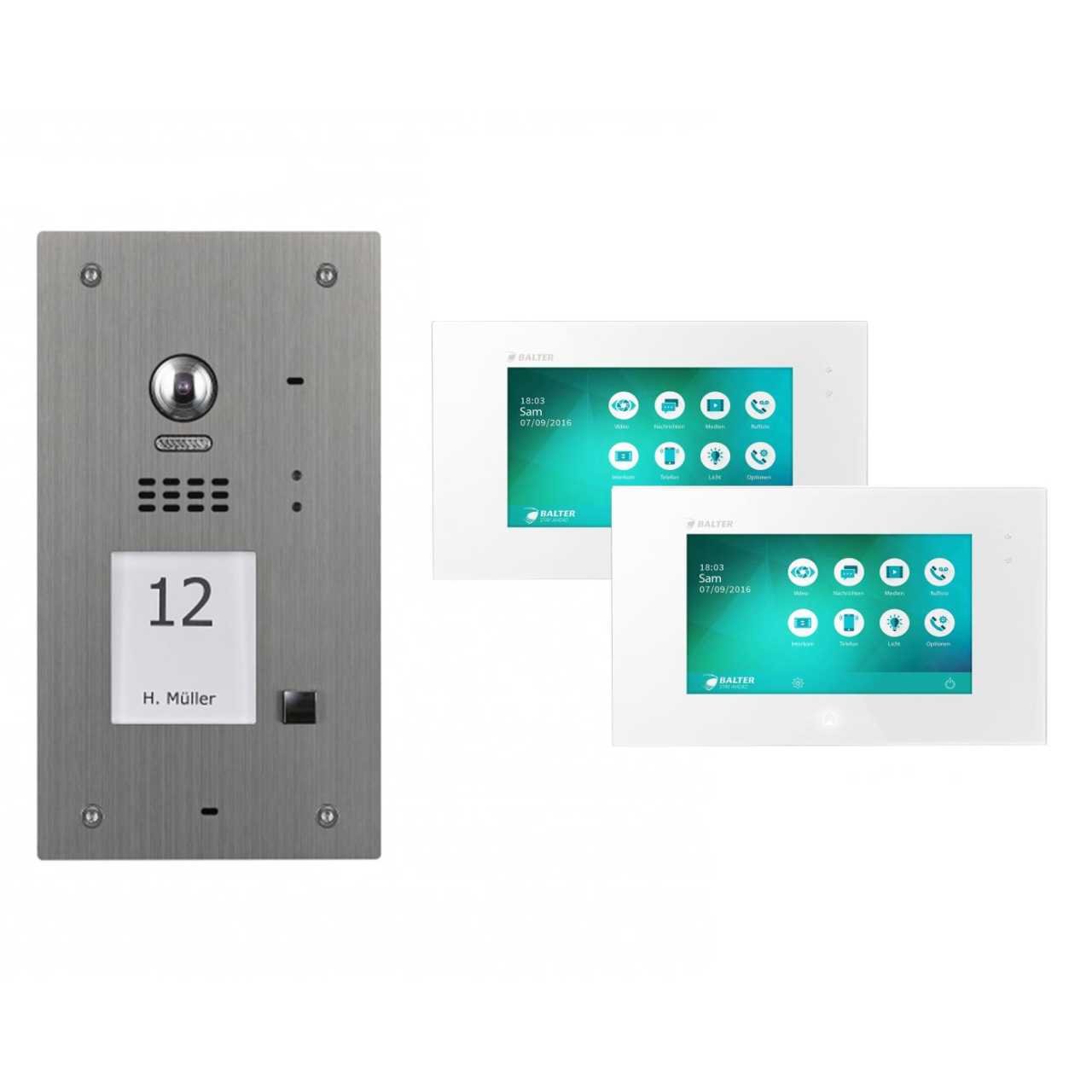 Balter EVIDA Silber RFID 2-Draht BUS Video Türstation 2x7 Monitor Set für 1 Familienhaus von Balter