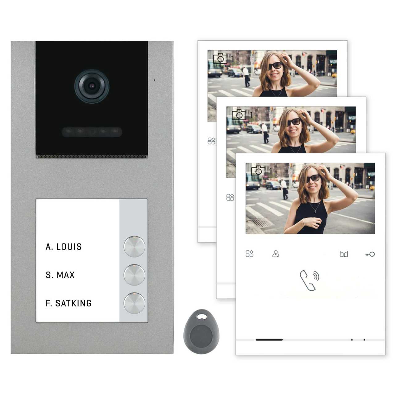 Balter EVO-AP Grau Quick Video Türsprechanlage 2-Draht BUS RFID Aufputz Set für 3 Familienhaus von Balter