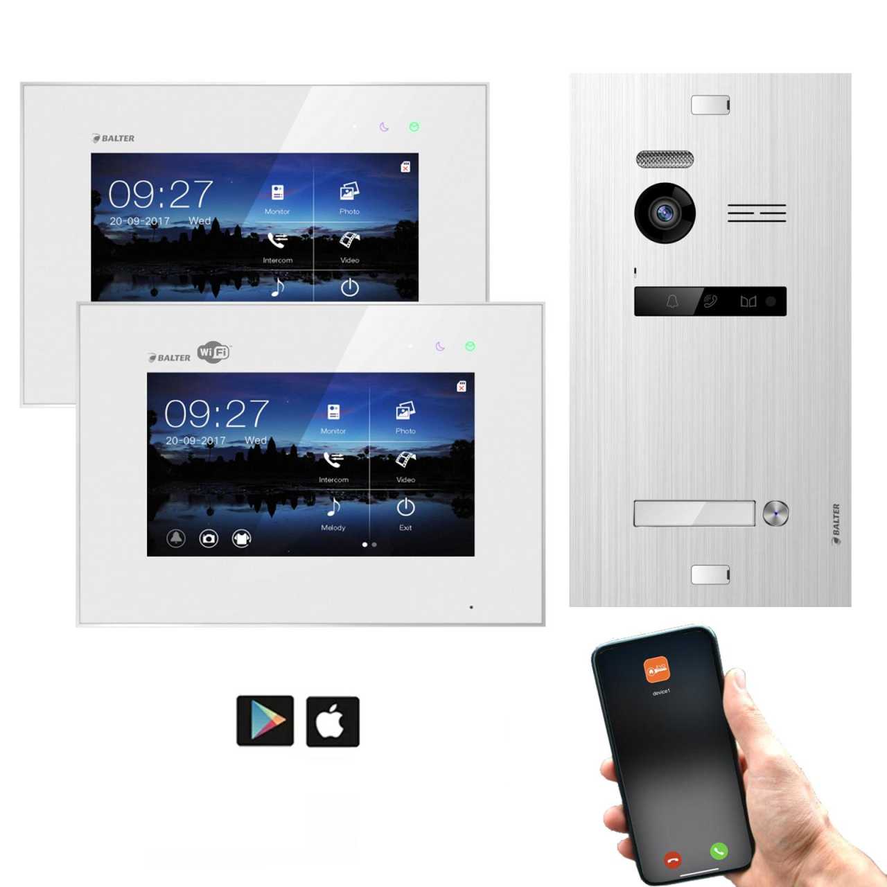 Balter EVO SILVER Video-Türsprechanlage 7 Wifi 2xMonitore 2-Draht BUS für 1 Familienhaus App von Balter