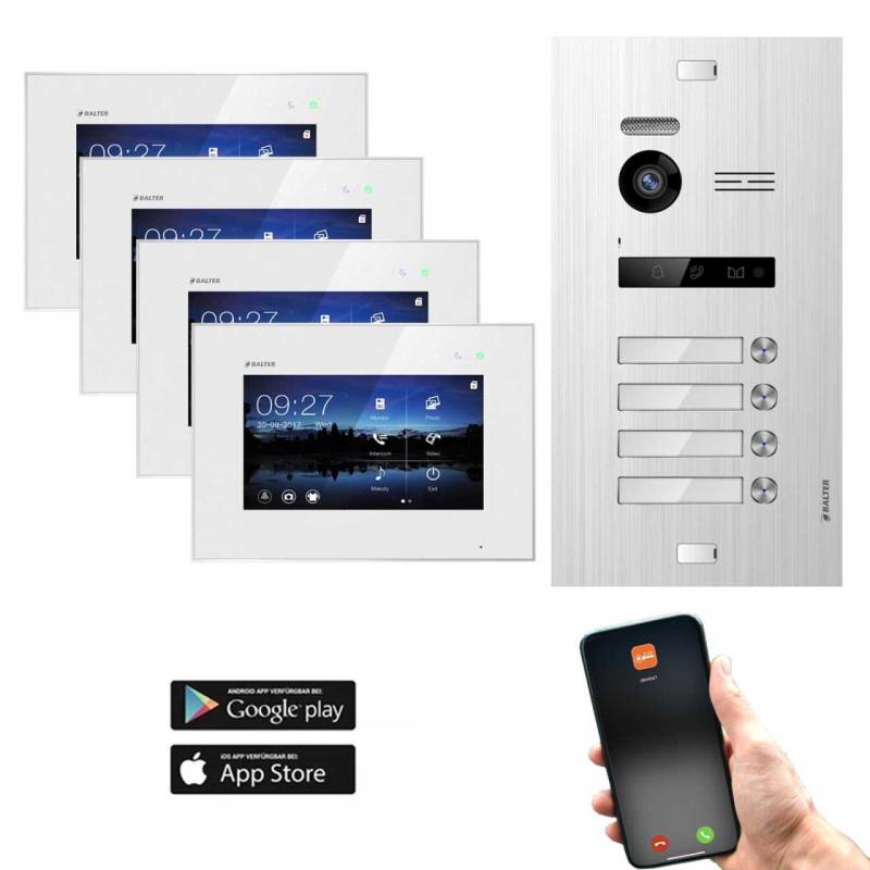 Balter EVO SILVER Video-Türsprechanlage 7 Wifi Monitor 2-Draht BUS für 4 Familienhaus App Steuerung von Balter