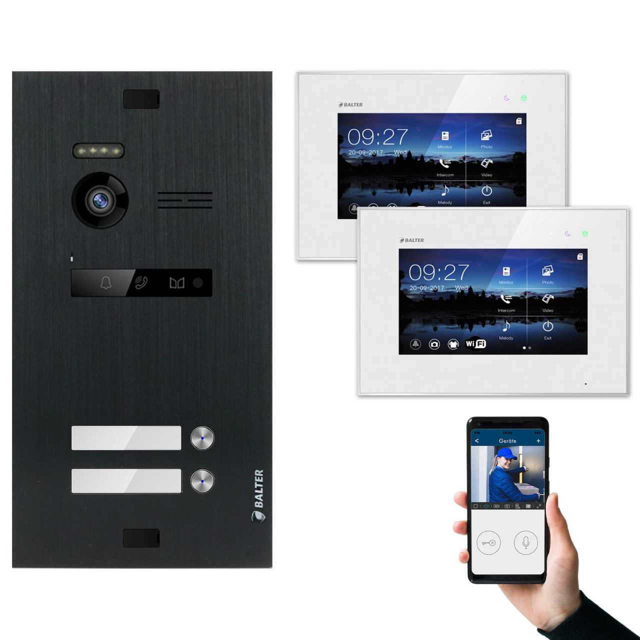 Balter EVO Video Türsprechanlagen Schwarz/Weiss Set 2 Familienhaus 2x 7“ LCD Monitor WiFi von Balter