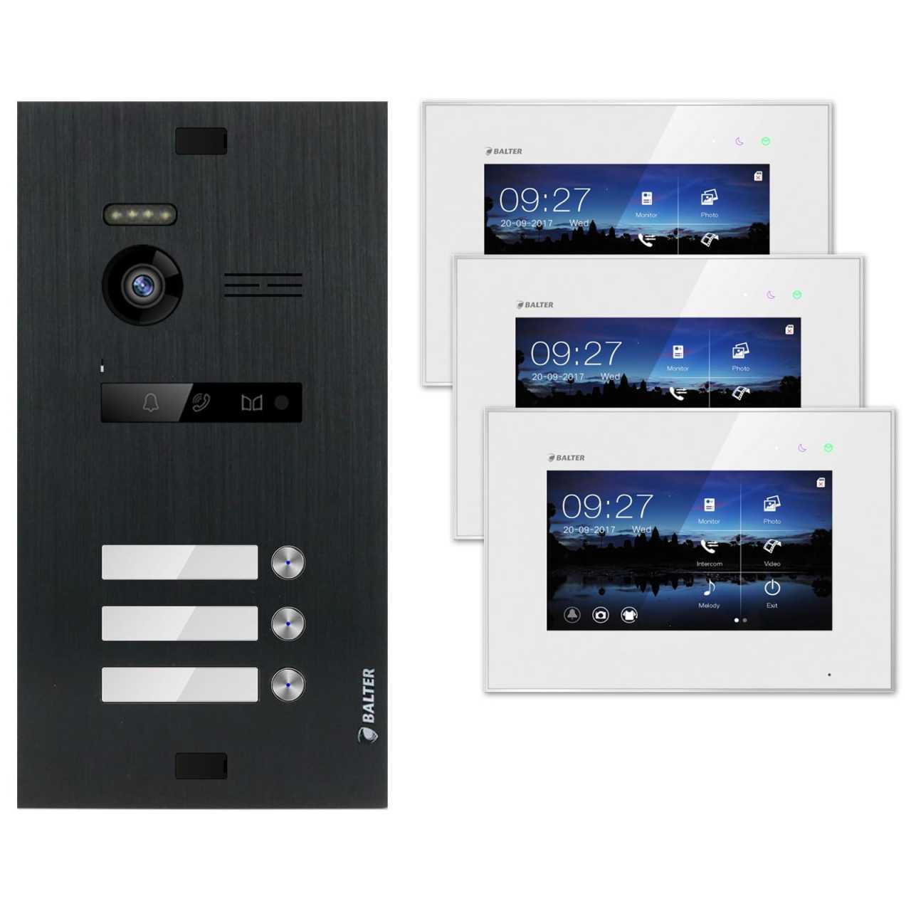 Balter EVO Video Türsprechanlagen Schwarz/Weiss Set 3x 7“ LCD Monitor 3 Familienhaus von Balter