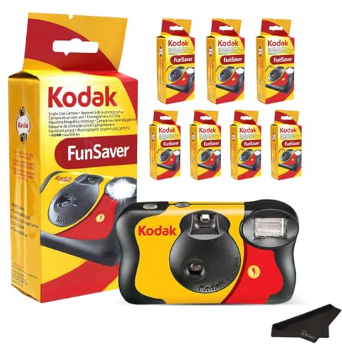 Kodak Funsaver Einwegkamera, Einmalgebrauch, eingebauter Blitz, 10er-Pack, 27 Aufnahmen, 35 mm Kamera, gebündelt mit Balveli Premium-Mikrofasertuch – Großpackung Kodak Einweg-Filmkamera 35 mm von Balveli