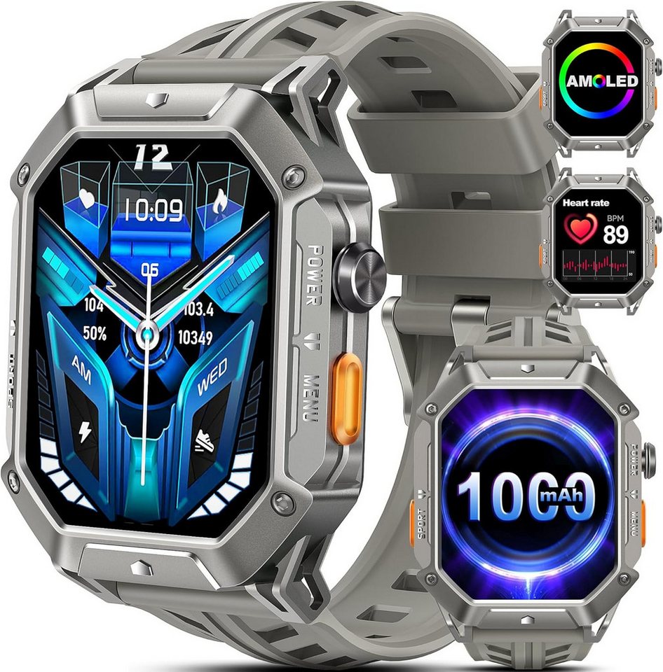 Bambooinn mit Blutdruck,Herzfrequenz,Kompass Luftdruck,100+ Sportmodi, Militär Smartwatch (2,13 Zoll, Android, iOS), smartwatch herren fitness fitnessuhr damen gesundheits schrittzähler von Bambooinn