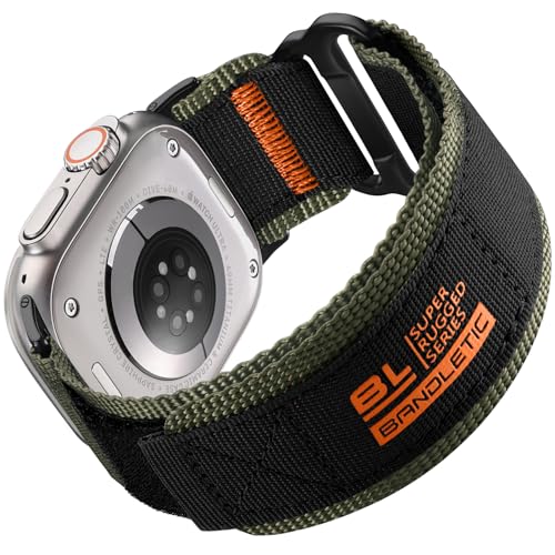 Bandletic Armband Kompatibel mit Apple Watch Ultra 2/ Ultra 49mm 45mm 44mm 42mm, Nylon Sportarmband Ersatz Loop Band für Apfelband SE/2nd Series 9 8 7 6 5 4 3 2 1, SchwarzGrün L von Bandletic