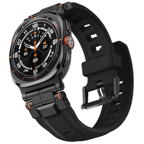 Bandletic Flüssigkeit Silikon Armbänder kompatibel mit Samsung Galaxy Watch Ultra 47mm für Männer Rugged Military Soft Sport Armband mit Edelstahl-Metall-Anschluss für Galaxy Watch Ultra schwarz von Bandletic