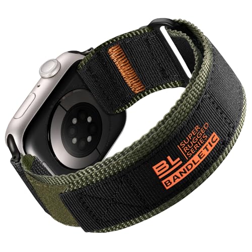 Bandletic Kompatibel mit Apple Watch Armband 44mm 45mm 46mm 49mm 42mm, Klettverschluss Nylon Robuste Sport Loop Armbänder für iWatch 10 9 8 7 SE2 SE 6 5 4 3 2 1 für Herren Damen, SchwarzGrün von Bandletic