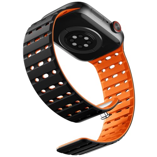 Bandletic Magnetbänder Kompatibel mit Apple Watch Armband 42mm(Series 10) 40mm 41mm 38mm, Weiches Silikon Sport Band für iWatch Series 10 SE 9 8 7 6 5 4 3 2 1 für Herren Damen, Schwarz Orange von Bandletic