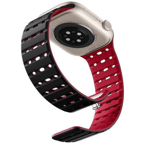 Bandletic Magnetbänder Kompatibel mit Apple Watch Armband 42mm(Series 10) 40mm 41mm 38mm, Weiches Silikon Sport Band für iWatch Series 10 SE 9 8 7 6 5 4 3 2 1 für Herren Damen, Schwarz Rot von Bandletic