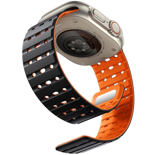 Bandletic Magnetbänder Kompatibel mit Apple Watch Armband 45mm 44mm 46mm 42mm 49mm, Weiches Silikon Sport Band für Apple Watch Ultra 2/SE/iWatch Series 10 9 8 7 6 5 4 Ultra für Herren,Schwarz Orange von Bandletic