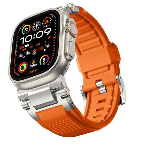 Bandletic R-Steel Armband Kompatibel mit Apple Watch Ultra 2/Ultra 49mm, Serie 9/8/7 45mm, Serie SE2/6/SE/5/4 44mm, Serie 3 42mm, Robustes FKM Ersatzarmband mit Stylische und Metallverbinder, Orange von Bandletic