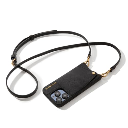 Bandolier Emma Crossbody Handyhülle und Brieftasche für iPhone 15 Pro Max, schwarzes Leder mit goldfarbenen Details von Bandolier
