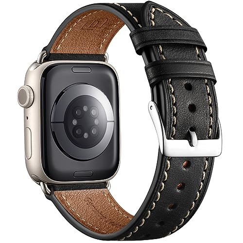 Bandsie Lederarmband Kompatibel mit Apple Watch Armband 40mm 41mm 38mm für Damen und Herren, Ultra Weiches Echtes Leder für iWatch Armband Ultra 2 SE Series 9 8 7 6 5 4 3 2 1, Schwarz von Bandsie