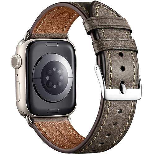 Bandsie Lederarmband Kompatibel mit Apple Watch Armband 44mm 45mm 42mm 49mm für Herren und Damen, Ultra Weiches Echtes Leder für iWatch Armband Ultra 2 SE Series 9 8 7 6 5 4 3 2 1, Grau Braun von Bandsie