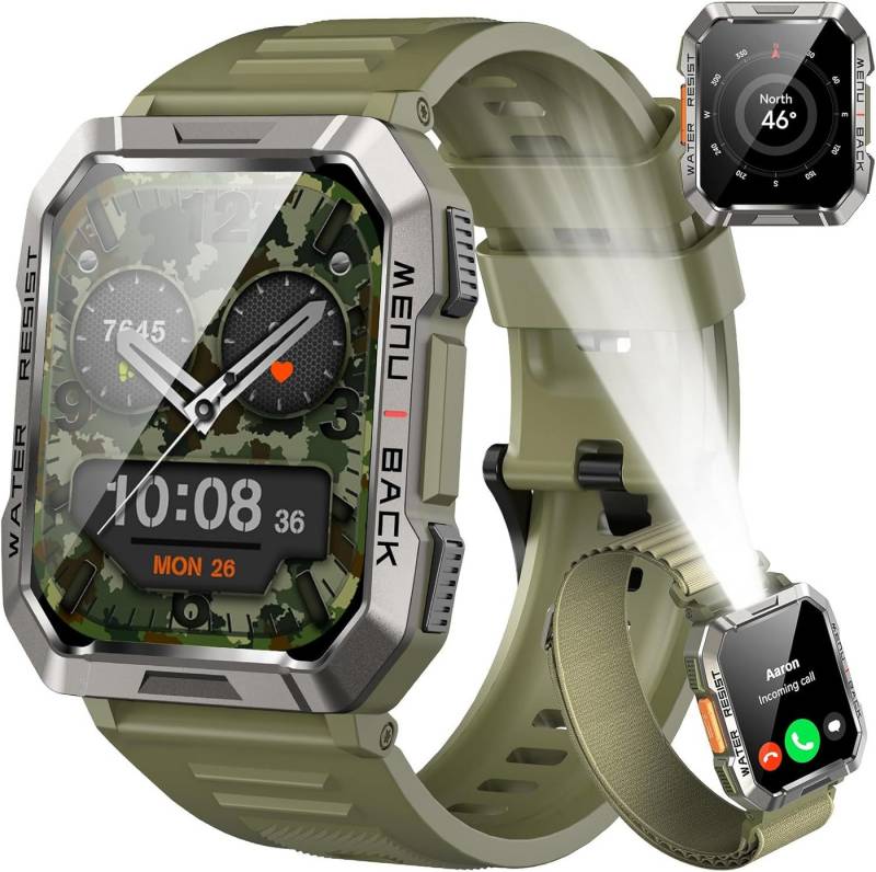Baolubao Herren's Militär IP68 Wasserdicht Fitness-Tracker Smartwatch (2,01 Zoll, Android/iOS), mit LED Taschenlampe Kompass 100+Sportmodi Anrufe tätigen/Empfangen von Baolubao