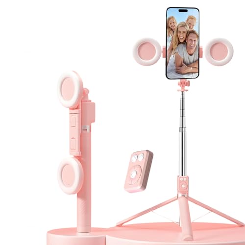 Selfie-Stick-Stativ mit Licht, 6-in-1 Handy-Selfie-Stick mit Bluetooth-Fernbedienung, stabile dreibeinige Unterstützung für Live-Übertragungen, Videoaufnahmen (Rosa) von Baomaeyea