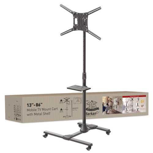 Barkan Rollen TV Wagen 13-86 Zoll Neigbare & Höhenverstellbar TV Ständer, hält bis 56Kg, Feststellbare Räder, 5 Jahre Garantie, Trolley, für LED OLED LCD, Max. VESA 600x400, Fernseher Halterung von Barkan