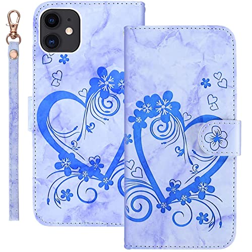 Bartern Handyhülle für Apple iPhone 11 Klappbar,Herz(Liebe)+ Blumen iPhone 11 Hülle,PU Leder Wallet Schutzhülle Tasche Klapphülle mit Kartenfach Magnetverschluss Standfunktion,Blau von Bartern