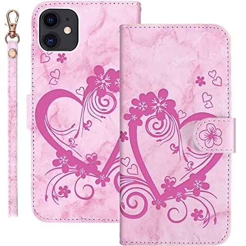 Bartern Handyhülle für Apple iPhone 11 Klappbar,Herz(Liebe)+ Blumen iPhone 11 Hülle,PU Leder Wallet Schutzhülle Tasche Klapphülle mit Kartenfach Magnetverschluss Standfunktion,Rosa von Bartern