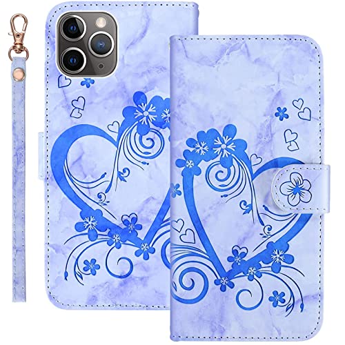 Bartern Handyhülle für Apple iPhone 11 Pro Max Klappbar,Herz(Liebe)+ Blumen iPhone 11 Pro Max Hülle,PU Leder Wallet Schutzhülle Tasche Klapphülle mit Kartenfach Magnetverschluss Standfunktion,Blau von Bartern